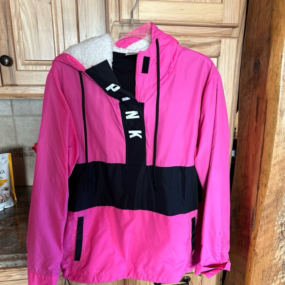 Pink VS Neon Pink Anorak Pullover Jacket Hoodie Sherpa Hood Windbreaker XS